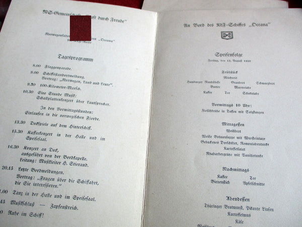 Marine HAPAG KdF Schiff Oceana Tagesprogramm + Speisekarte Menukarte mit HK aus einem alten Händlerbestand