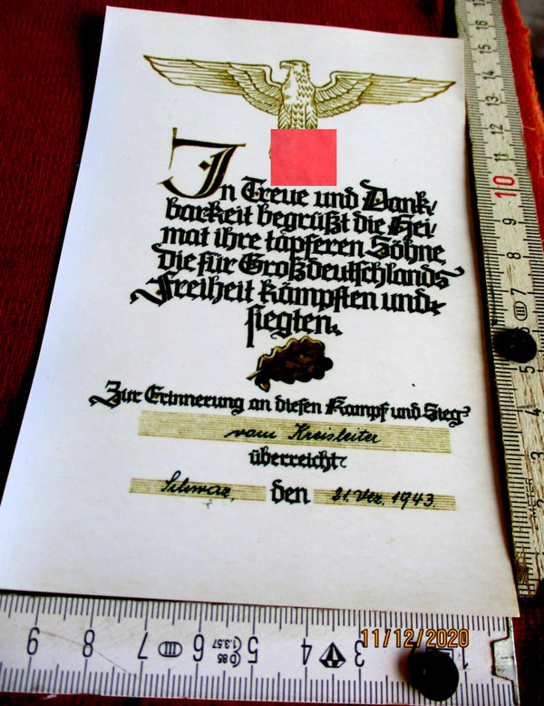 ORIGINAL Urkunde 1943 Dank Kampf Großdeutschland TOLLE DEKORATION aus einem alten Händlerbestand