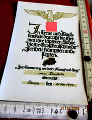 ORIGINAL Urkunde 1943 Dank Kampf Großdeutschland TOLLE DEKORATION aus einem alten Händlerbestand