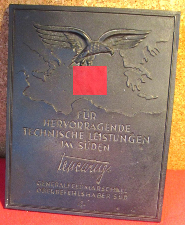 Luftwaffe ORIGINAL Plakette signiert OB Süd Feldmarschall Albert Kesselring für hervorragende Leistungen 19,5x15,5cm Eisen aus einem alten Händlerbestand