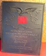 Luftwaffe ORIGINAL Plakette signiert OB Süd Feldmarschall Albert Kesselring für hervorragende Leistungen 19,5x15,5cm Eisen aus einem alten Händlerbestand