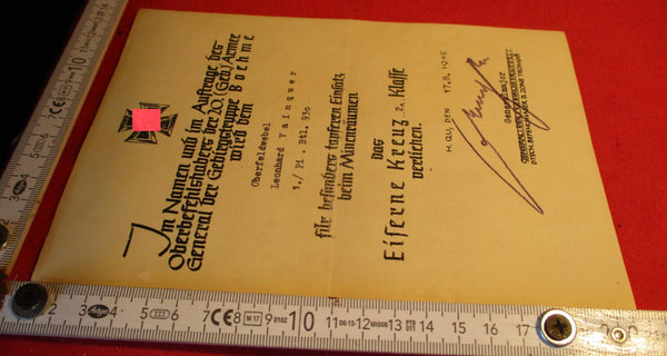 Urkunde Pionier EK 2 ORIGINAL eiserne Kreuz Wehrmacht  aus einem alten Händlerbestand