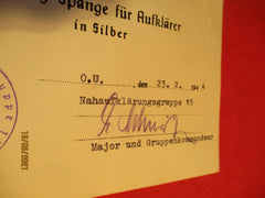 Certificat Luftwaffe ORIGINAL Agrafe de vol opérationnel pour éclaireurs en argent, issue d'un ancien stock de revendeur