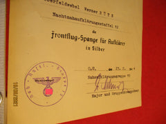 Certificat Luftwaffe ORIGINAL Agrafe de vol opérationnel pour éclaireurs en argent, issue d'un ancien stock de revendeur