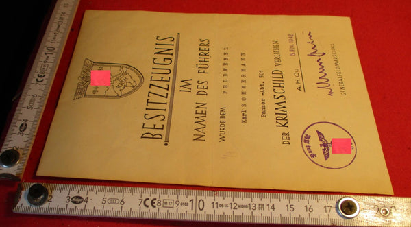 Urkunde ORIGINAL Krimschild  Unterschrift v. Mannstein  aus einem alten Händlerbestand