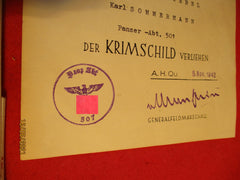 Certificat ORIGINAL Bouclier de Crimée signature de v. Manstein provenant d'un ancien stock de revendeur