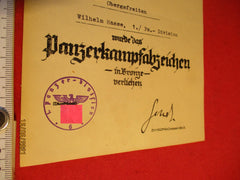 Urkunde ORIGINAL Orden Panzer Kampf Abzeichen in Bronze aus einem alten Händlerbestand