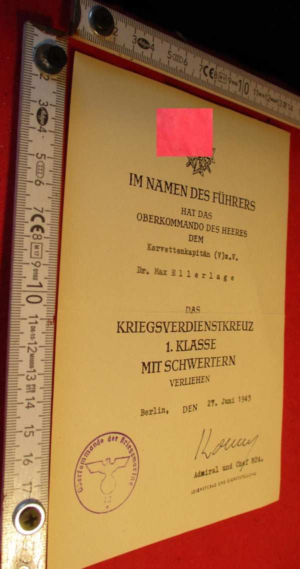 Urkunde ORIGINAL Orden KVK 1.Klasse mit Schwerter Kriegsverdienstkreuz aus einem alten Händlerbestand