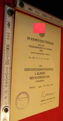 Urkunde ORIGINAL Kriegsverdienstkreuz KVK 1. Klasse mit Schwertern aus einem alten Händlerbestand