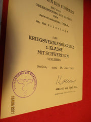 Urkunde ORIGINAL Kriegsverdienstkreuz KVK 1. Klasse mit Schwertern aus einem alten Händlerbestand