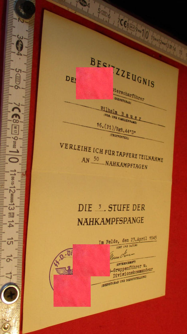 Urkunde SS Pioniere ORIGINAL Nahkampfspange in Gold 3. Stufe 50 Nahkampftage aus einem alten Händlerbestand