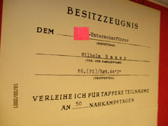 Urkunde SS Pioniere ORIGINAL Nahkampfspange in Gold 3. Stufe 50 Nahkampftage aus einem alten Händlerbestand