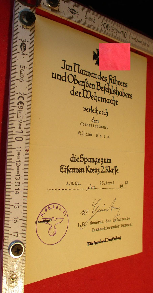 Urkunde ORIGINAL Orden EK 2 Spange aus 1942 aus einem alten Händlerbestand