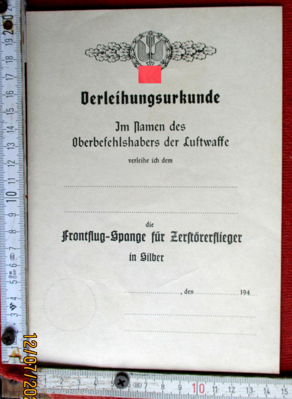 Luftwaffe Award Certificate Front Flying Clasp blank – Destroyer Pilot Silver | Original