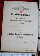 Certificat de récompense vierge pour l'agrafe de vol frontal de la Luftwaffe – Bronze Pilote d'attaque | Original