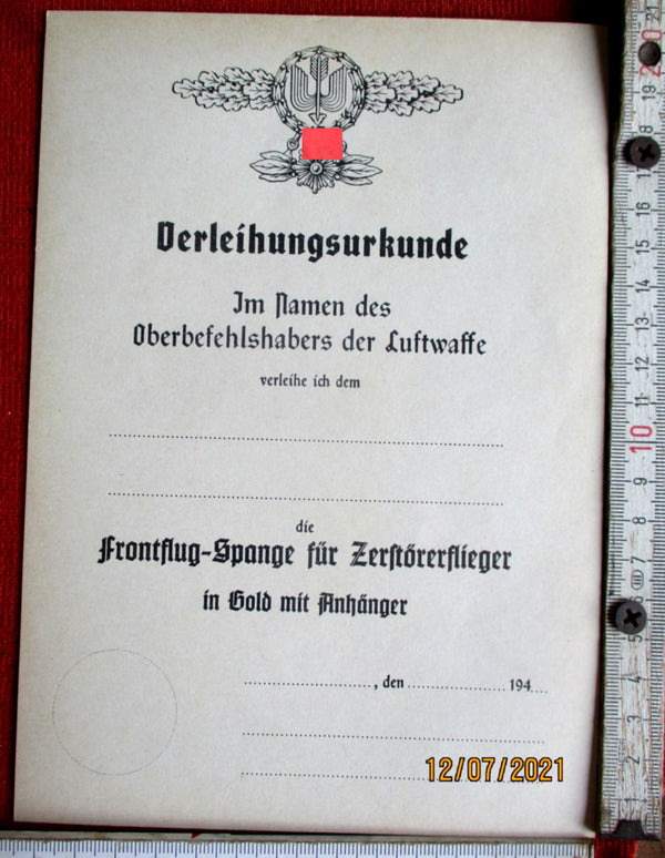Luftwaffe Award Certificate – Front Flying Clasp for Destroyer Pilots in Gold with Pendant (blank)