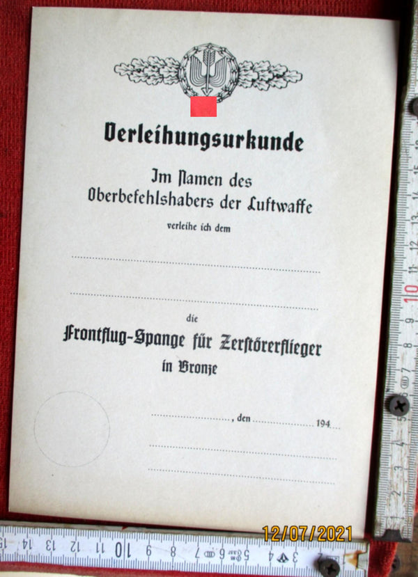 Luftwaffe Award Certificate – Front Flying Clasp for Destroyer Pilots in Bronze (blank)