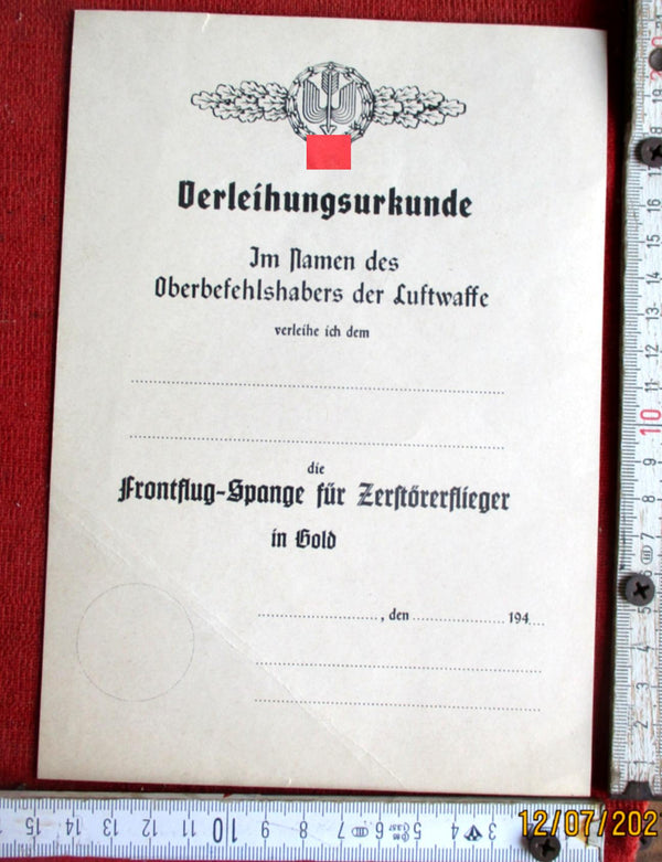 Luftwaffe Award Certificate – Front Flying Clasp for Destroyer Pilots in Gold (blank)