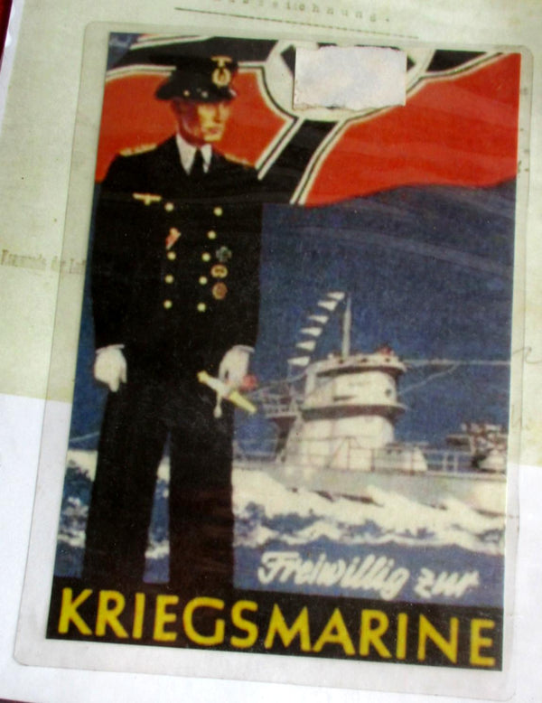 Werbe Plakat Kriegsmarine mit Fahne und Schiff ca 28x20 cm Repro aus einem alten Händlerbestand