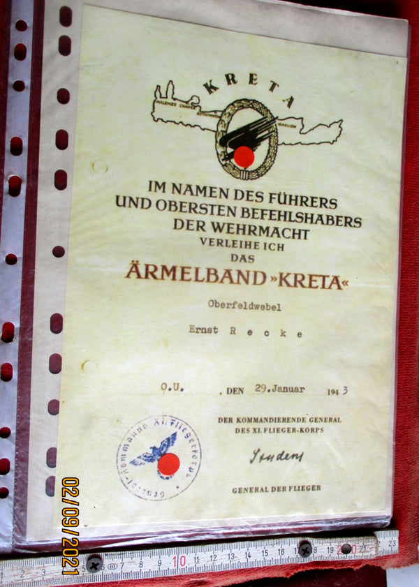 Verleihungsurkunde Urkunde Ärmelband Kreta Fallschirmjäger Sammlerfertigung aus einem alten Händlerbestand