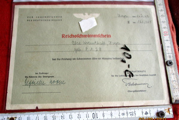 Urkunde Hoya 1942 Reichsschwimmschein Sport aus einem alten Händlerbestand