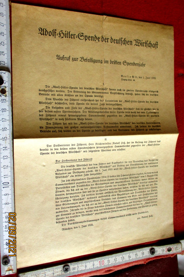 Merkblatt Adolf Hitler Spende der deutschen Wirtschaft aus einem alten Händlerbestand