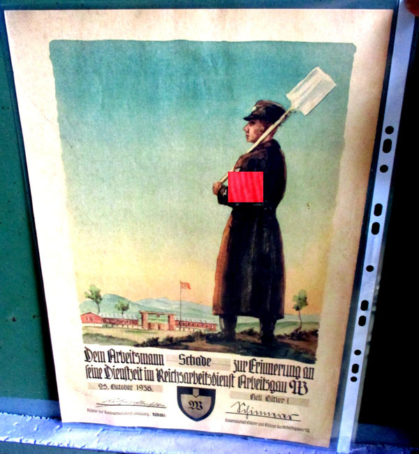 RAD 1938 Urkunde Arbeitsmann Plakat Propaganda Arbeitsgau 973 Maße ca 30 x 21,5 cm